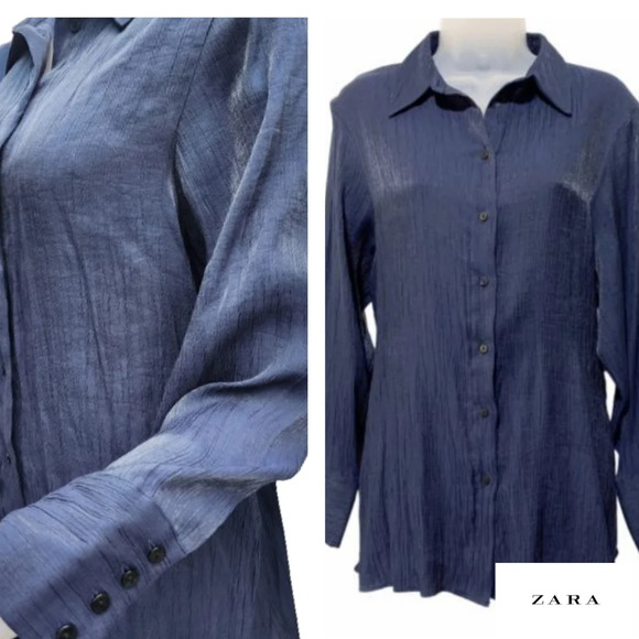 Zara Navy blue shimmery button down S - Picture 1 of 11